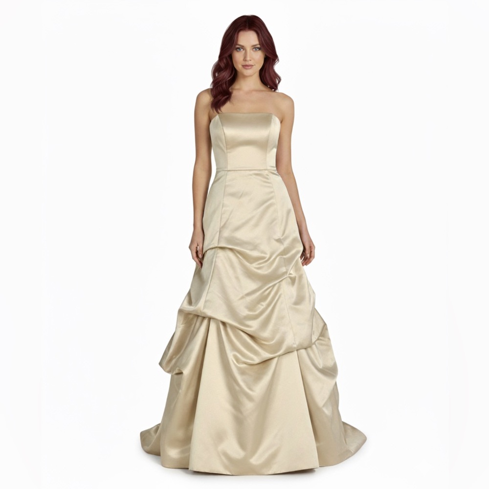Davids Bridal Strapless Satin Pick-Up Skirt Ball Gown Wedding Prom Champagne S